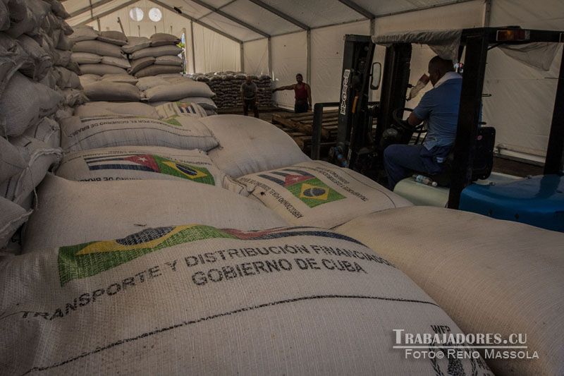 En carpas almacenes del Programa Mundial de Alimentos (PMA) se agiliza la descarga de los productos (arroz y frijoles) que la población gratuitamente recibe.| Foto: René Massola
