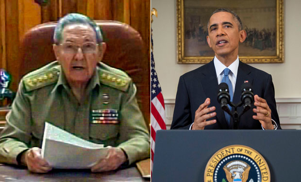Raúl y Obama anuncian simultáneamente el establecimiento de relaciones diplomáticas.