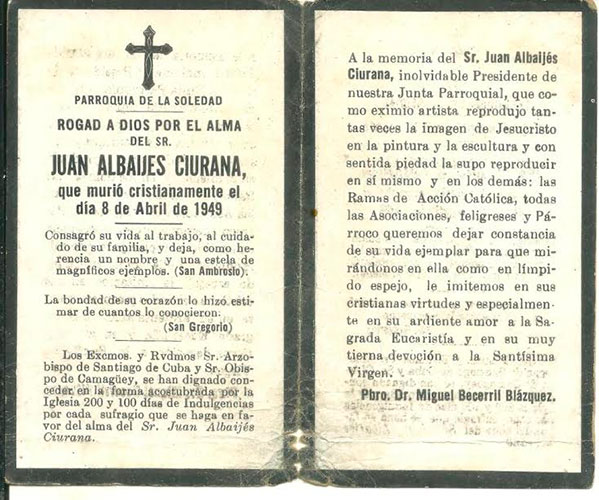 Sueltos de la Parroquia de La Soledad, en Camagüey, con motivo de la muerte del excepcional pintor, dibujante y escultor catalán radicado en Camagüey.