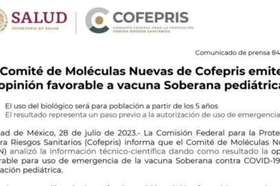 Emite México opinión favorable para uso pediátrico de Soberana